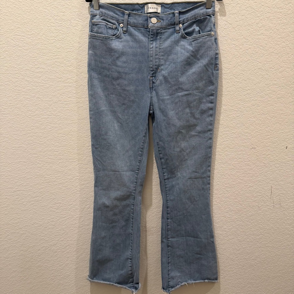 Frame Le High Flare Jeans Light Wash Raw Hem Denim Size 30